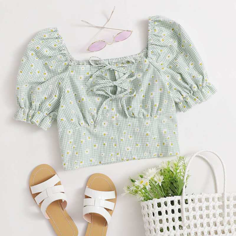

Daisy Print Gingham Crop Top, Mint green