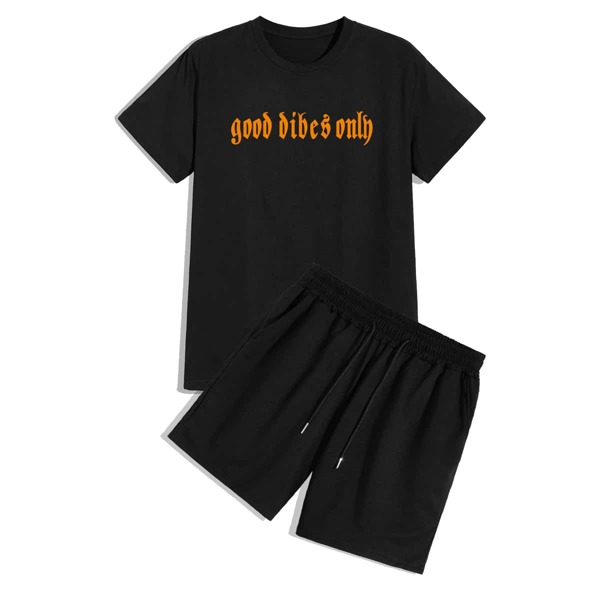 

Men Slogan Graphic Tee & Drawstring Waist Shorts, Black