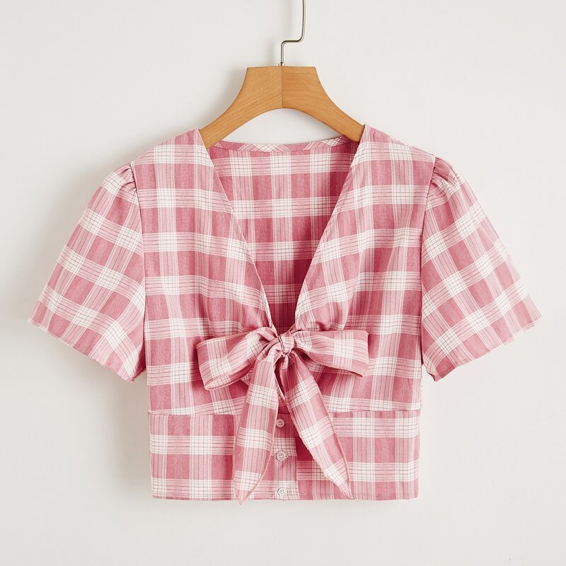 

Bow Front Plaid Crop Top, Multicolor