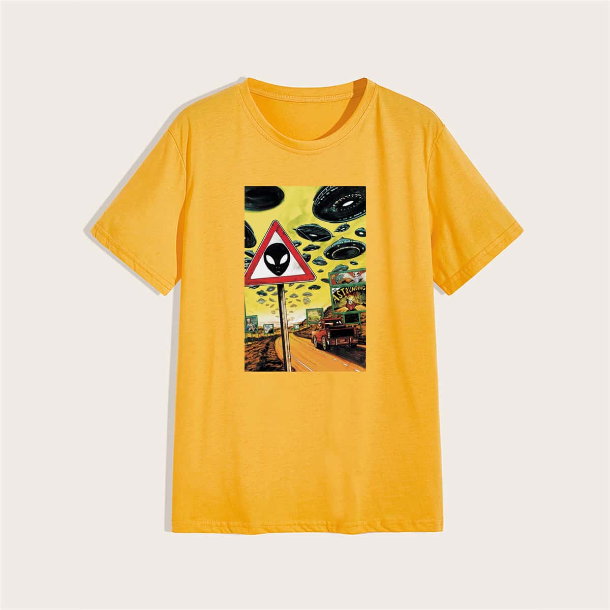 

Men Graphic Print Crew Neck Tee, Mustard yellow