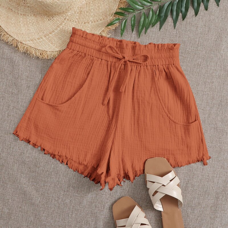

Paperbag Waist Drawstring Raw Hem Crinkle Shorts, Orange