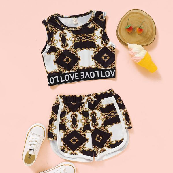 

Toddler Girls Baroque And Letter Graphic Tank Top & Shorts, Multicolor