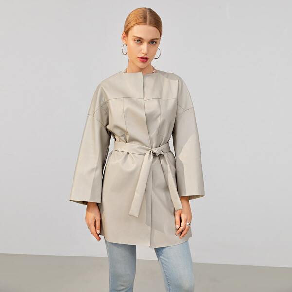 

Drop Shoulder Belted PU Coat, Beige