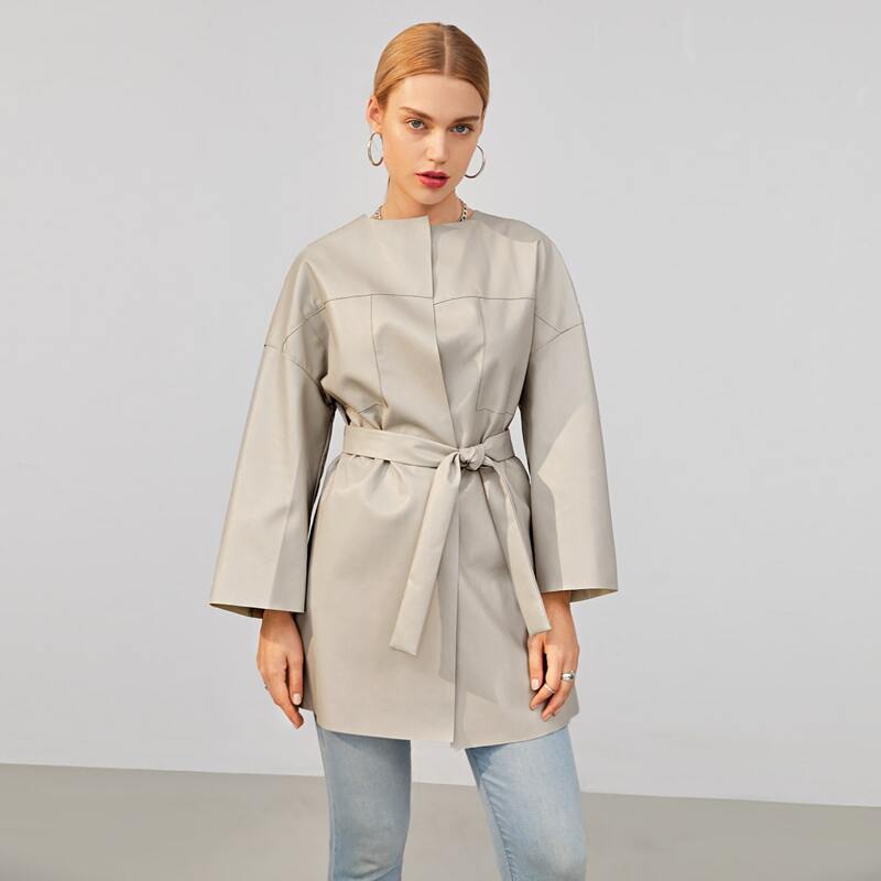 

Drop Shoulder Belted PU Coat, Beige