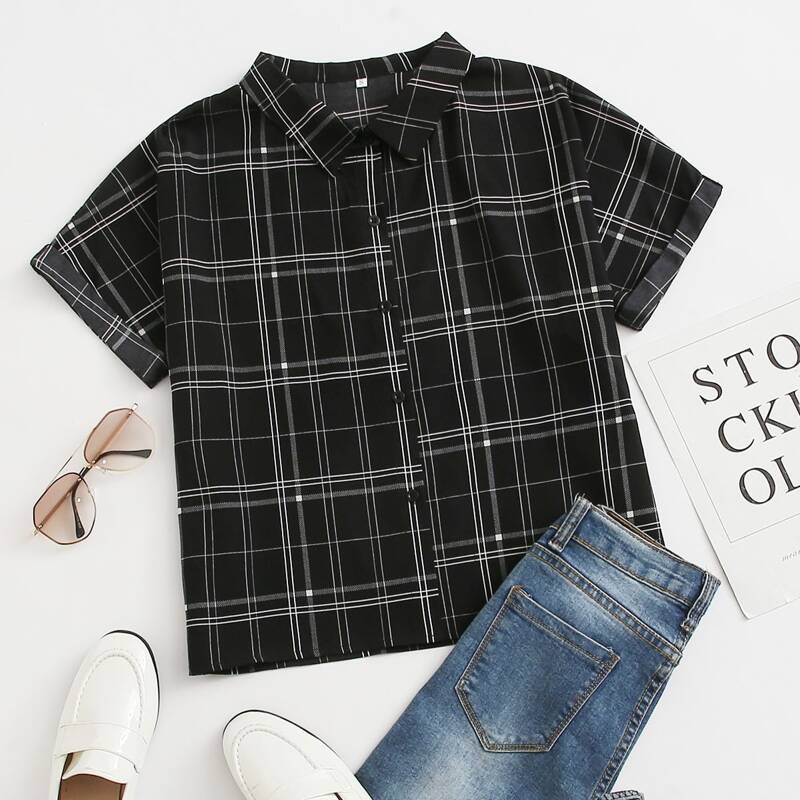 

Plaid Rolled Cuff Button Up Blouse, Black