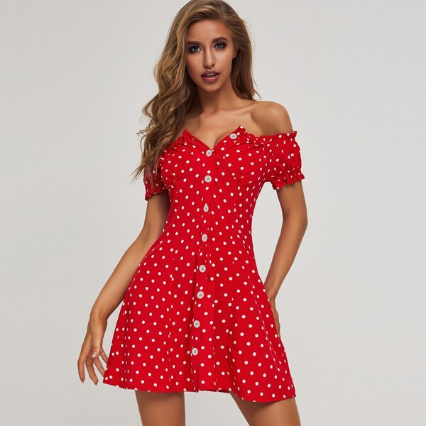 

Button Front Polka-dot Print Bardot Dress, Red