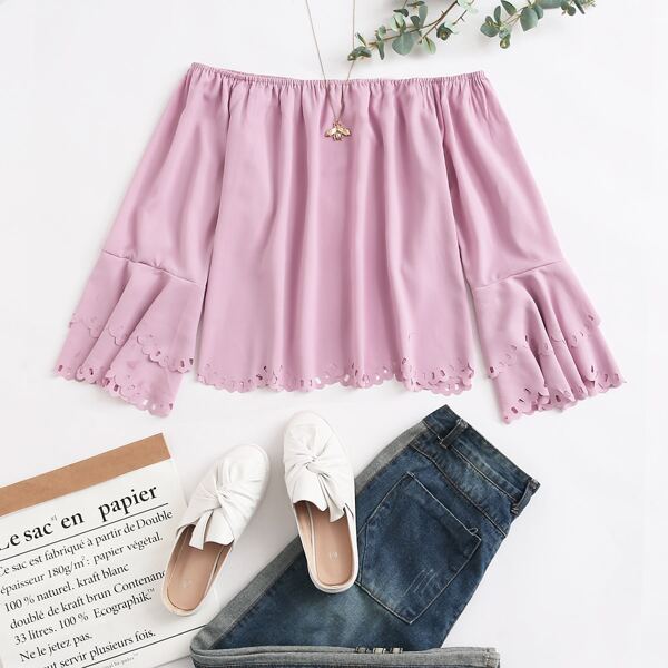 

Plus Laser Cut Layered Sleeve Bardot Top, Dusty pink