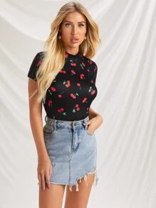 Muchica 小高領車厘子圖案T恤 - 黑色 - 查看 4