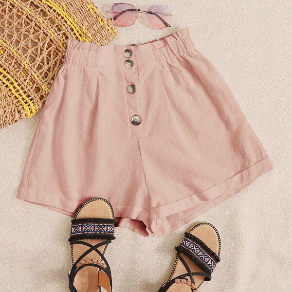 

Button Detail Paperbag Waist Cuffed Shorts, Pastel dusty pink