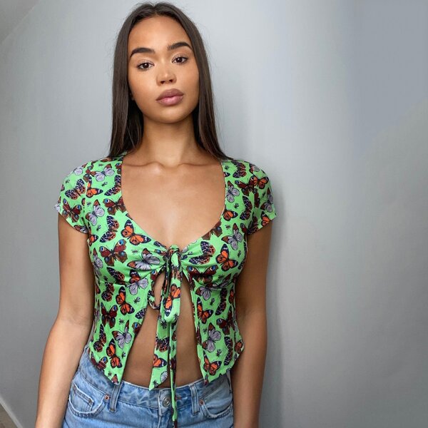 

Tie Front Allover Butterfly Print Top, Multicolor