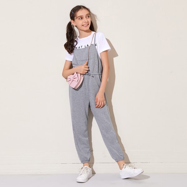 

Girls Seam Front Drawstring Waist Heather Gray Cami Jumpsuit, Light grey