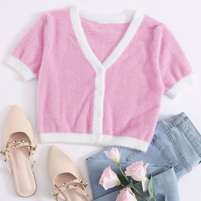 

Button Front Contrast Binding Fuzzy Cardigan, Pink