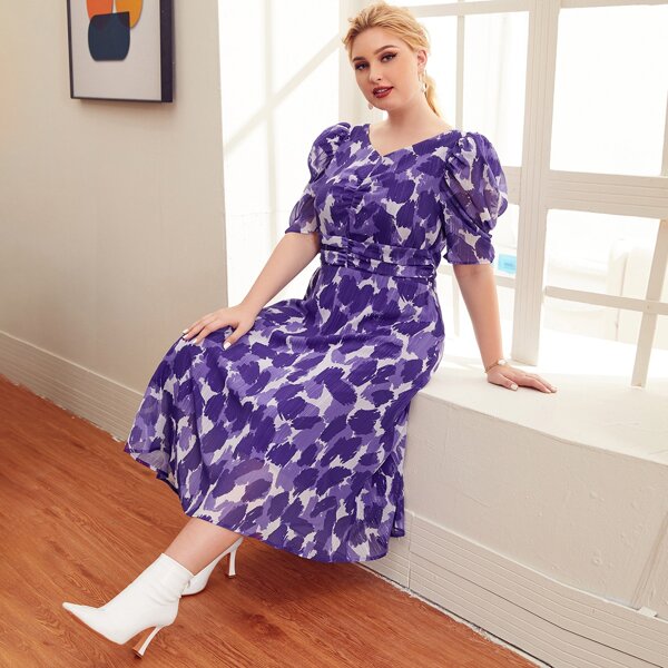 

Plus Puff Sleeve Ruched Front Tie Dye Dress, Violet purple
