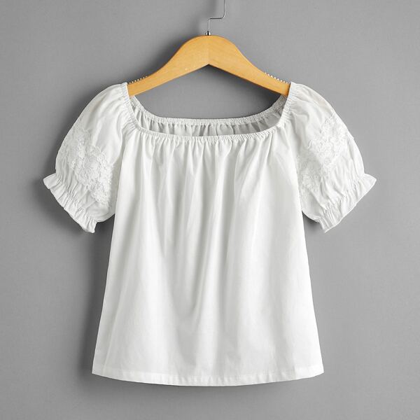 

Toddler Girls Square Neck Contrast Lace Blouse, White