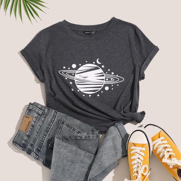 

Galaxy Print Round Neck Tee, Dark grey