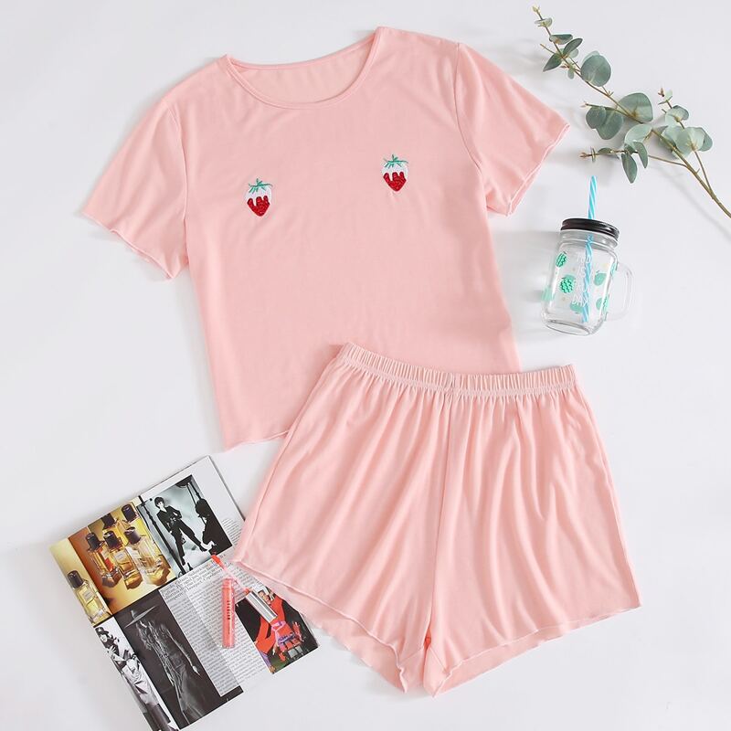 

Strawberry Embroidery Tee PJ Set, Coral pink