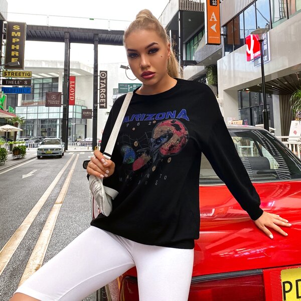 

Letter & Planet Print Oversized Sweatshirt, Black