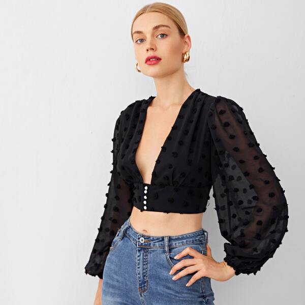 

Plunging Lantern Sleeve Pearl Button Front Swiss Dot Blouse, Black
