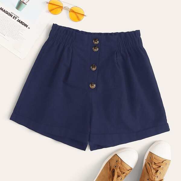 

Button Detail Paperbag Waist Cuffed Shorts, Navy blue