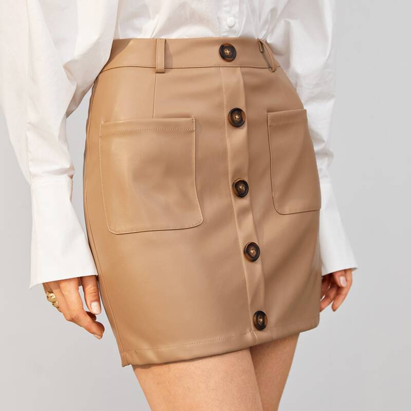 

Button Front Patch Pocket PU Leather Skirt, Camel