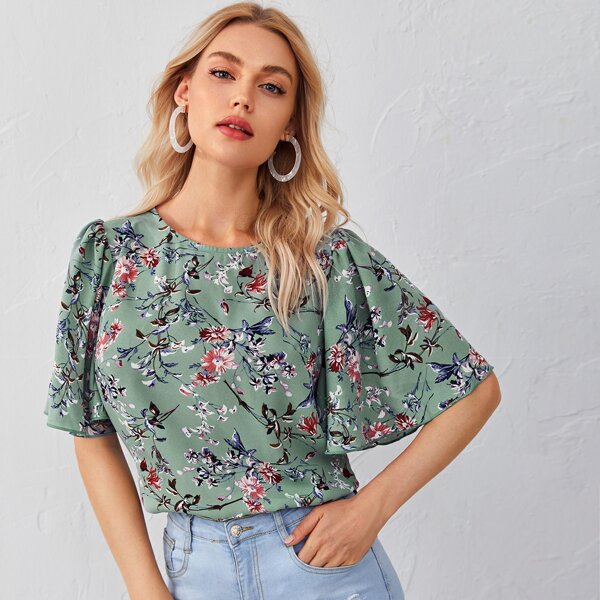 

Floral Print Flounce Sleeve Top, Green