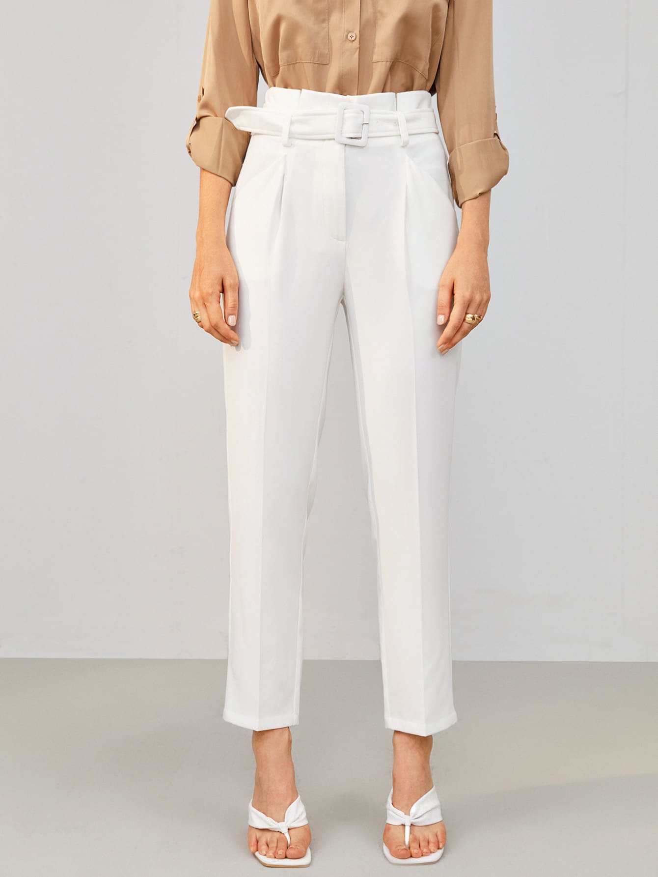 BizChic Buckle Belted Solid Tailored Pants - White - View 4