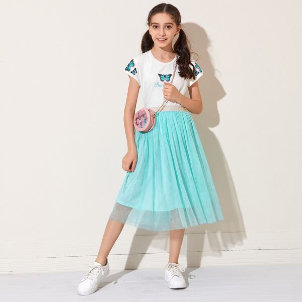 

Girls Butterfly Patched Letter Graphic Top & Mesh Overlay Skirt Set, Multicolor