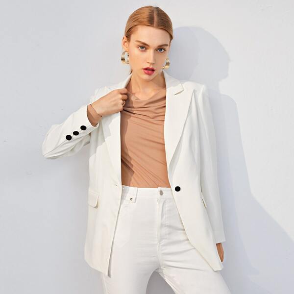 

Peak Collar Single Button Front Blazer, White