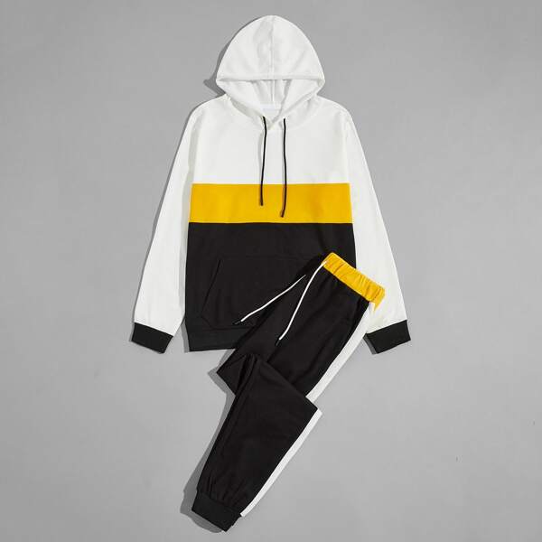 

Men Color-block Kangaroo Pocket Drawstring Hoodie & Sweatpants, Multicolor