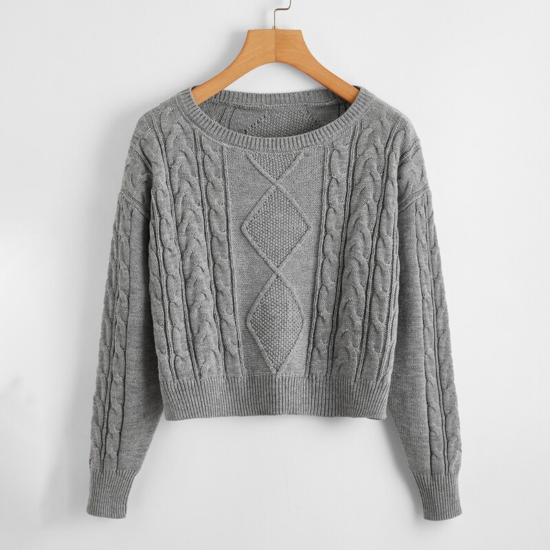 

Drop Shoulder Cable Knit Sweater, Grey