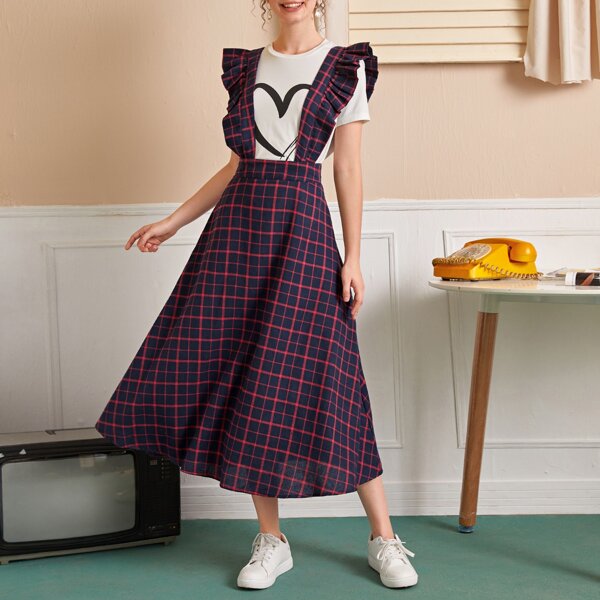 

Ruffle Strap Plaid Suspender Dress, Navy blue