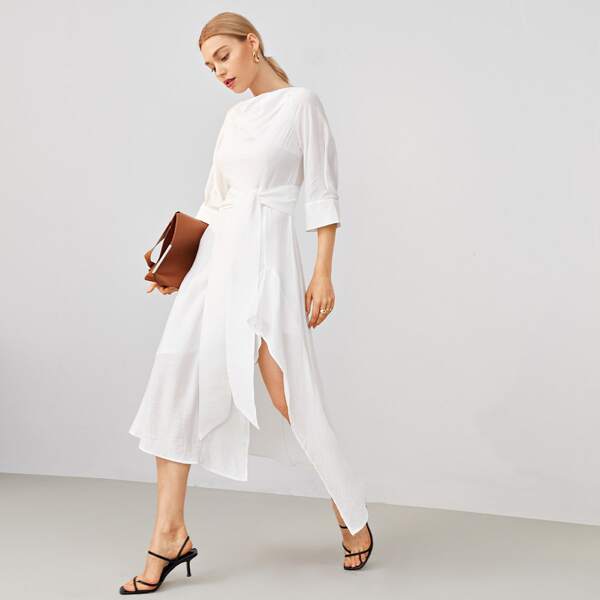 

Cowl Neck Tie Back Low Back Tie Waist High Split Dress, White