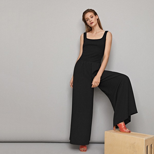 

RIBBED SCOOP NECK CULOTTE JUMPSUIT, Black