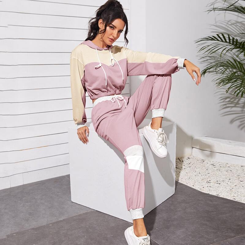 

Cut And Sew Elastic Hem Sweatshirt & Pants, Dusty pink