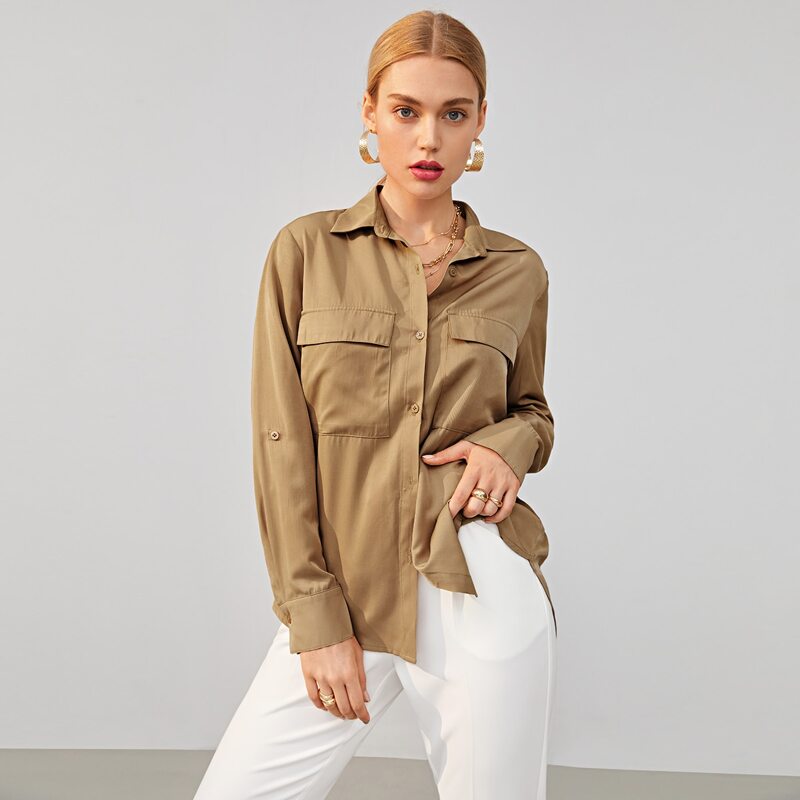 

Flap Pocket Roll Tab Sleeve Blouse, Khaki