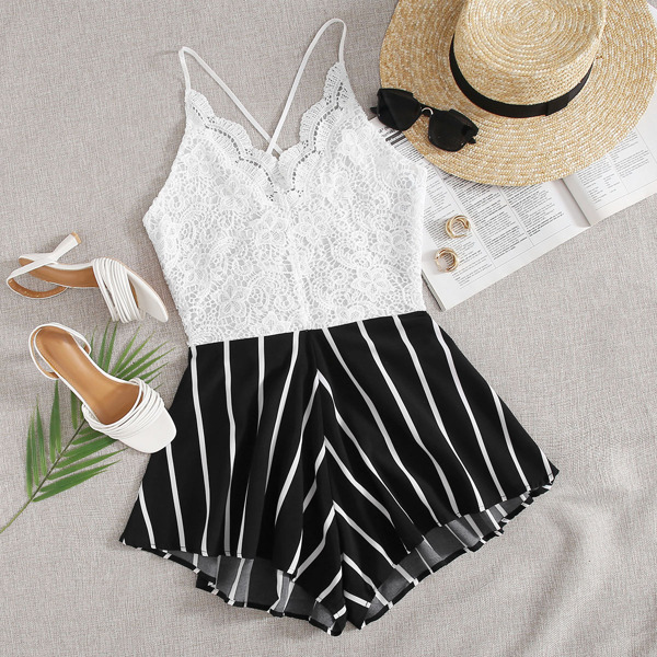 

Plus Guipure Lace Striped Tie Back Cami Romper, Black and white