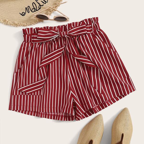 

Plus Striped Paperbag Waist Belted Shorts, Burgundy