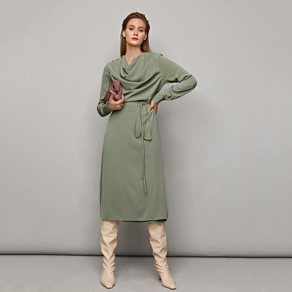 

DRAPED NECK SELF TIE DRESS, Mint green