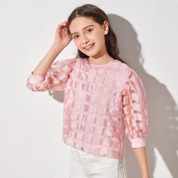 

Girls Puff Sleeve Organza Top, Pastel baby pink