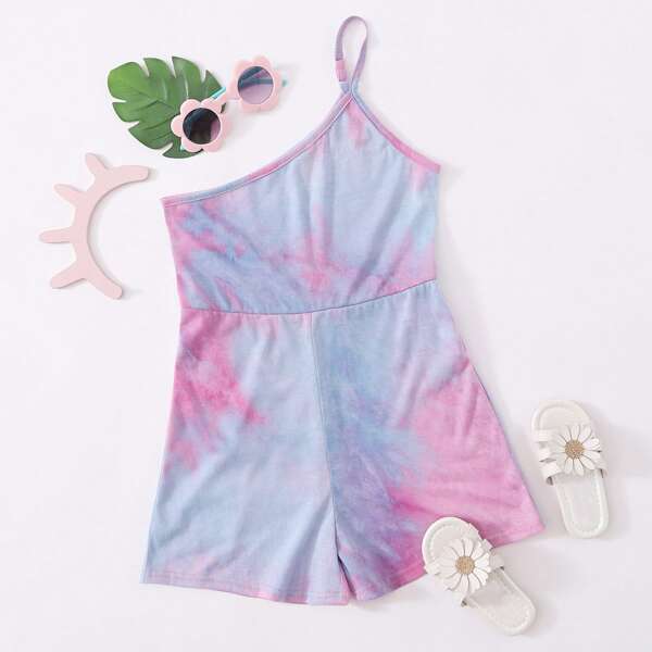 

Girls One Shoulder Tie Dye Romper, Multicolor