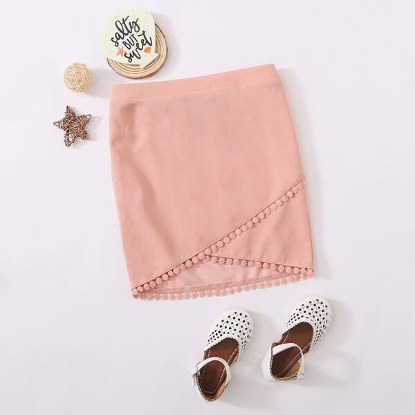 

Girls Lace Tape Asymmetrical Hem Skirt, Pastel coral pink