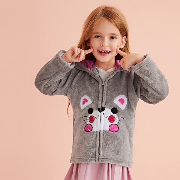 

Toddler Girls Cartoon Graphic Ear Hooded Teddy Coat, Grey