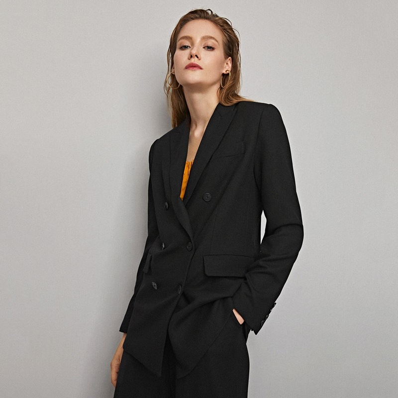 

RAYON TAILORED DOUBLE-BREASTED BLAZER, Black