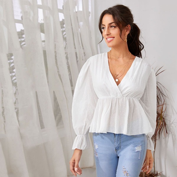 

Surplice Neck Swiss Dot Peplum Top, White
