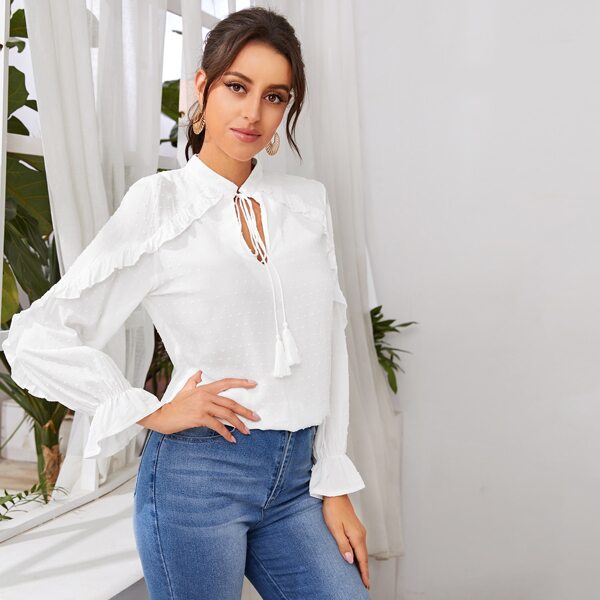 

Fringe Tie Neck Flounce Sleeve Swiss Dot Top, White