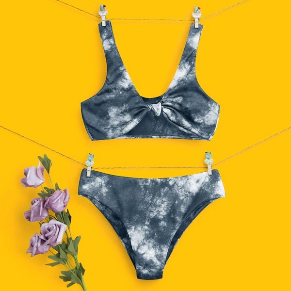 

Girls Tie Dye Rib Knot Bikini Swimsuit, Dark grey