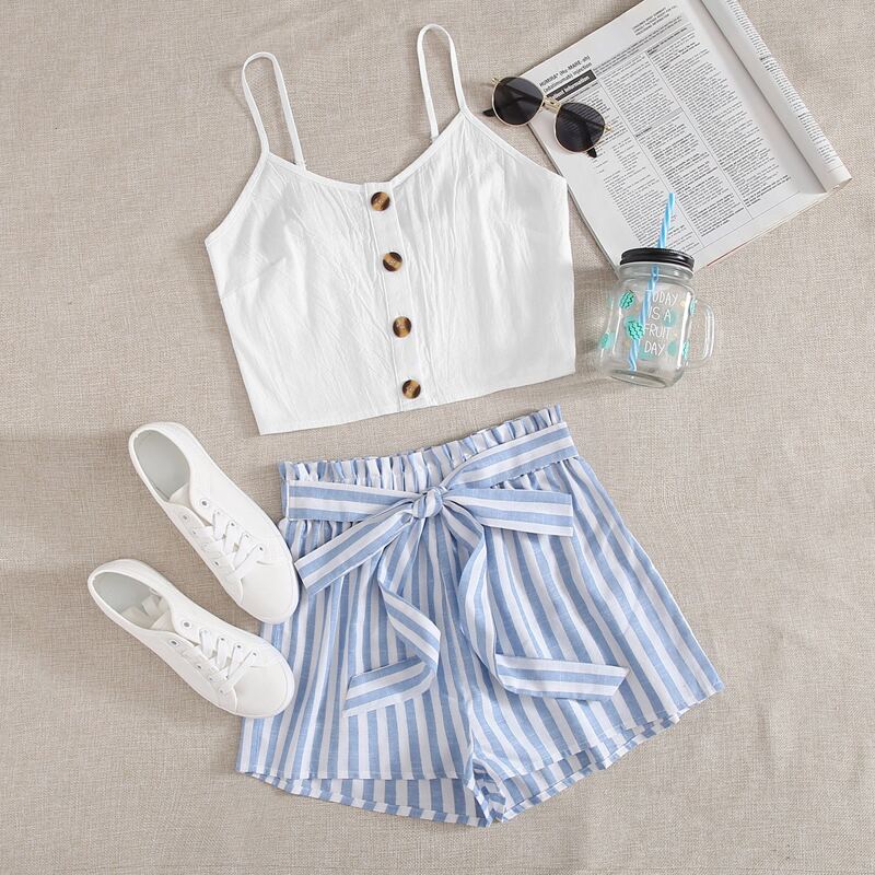 

Button Front Cami & Striped Tie Front Shorts, Blue and white