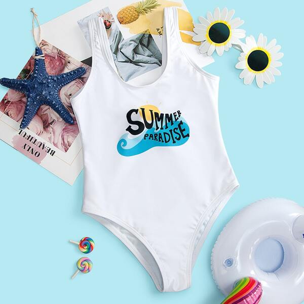 

Girls Letter Graphic One Piece Swimsuit, White