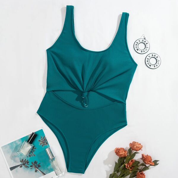 

Rib Cut-out Knot Hem One Piece Swimsuit, Dark green