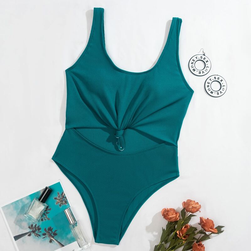 

Rib Cut-out Knot Hem One Piece Swimsuit, Dark green